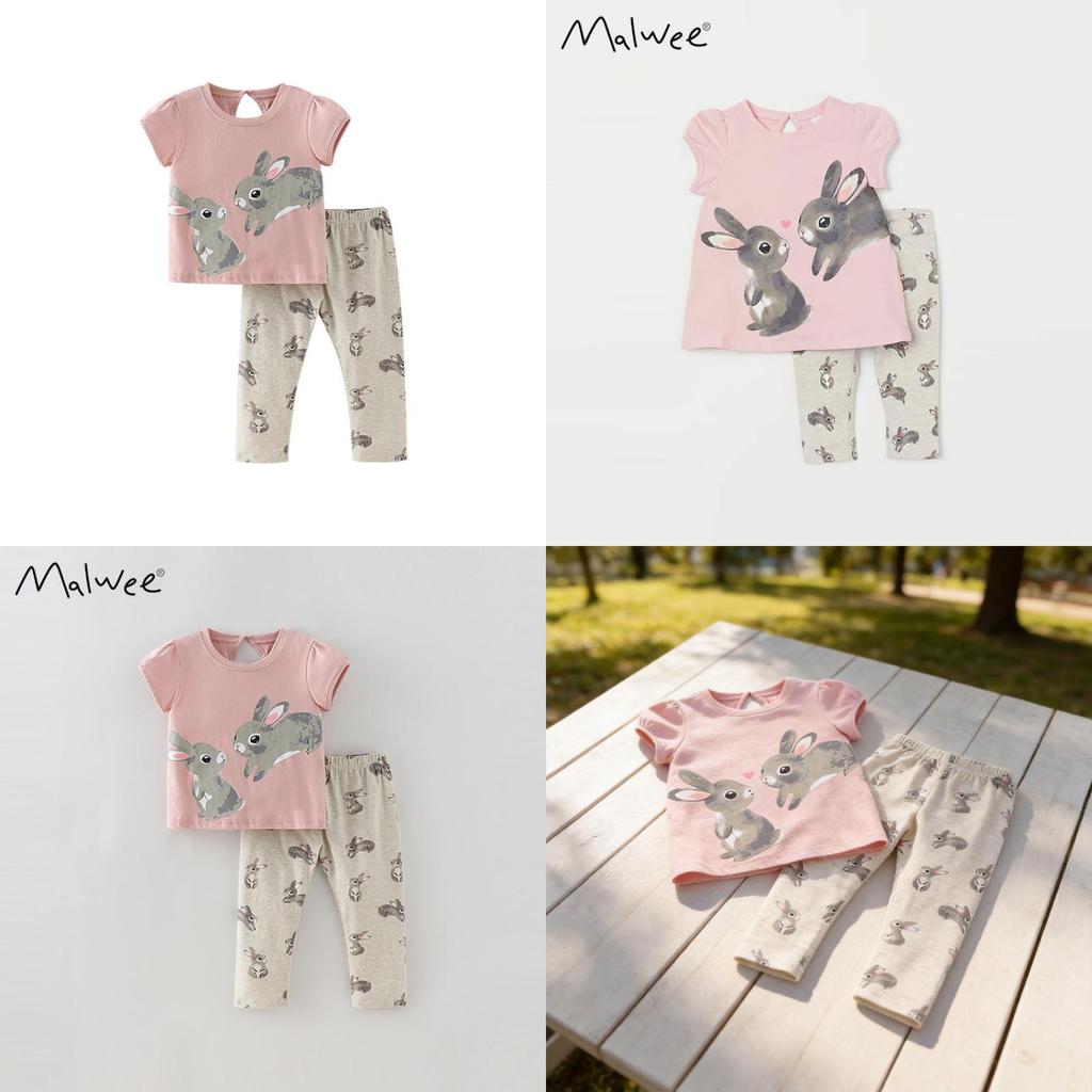 Girl Summer Rabbit Cotton Two Piece Set With Short Sleeve Top And Long Pants For Kids 3 To 8 Years