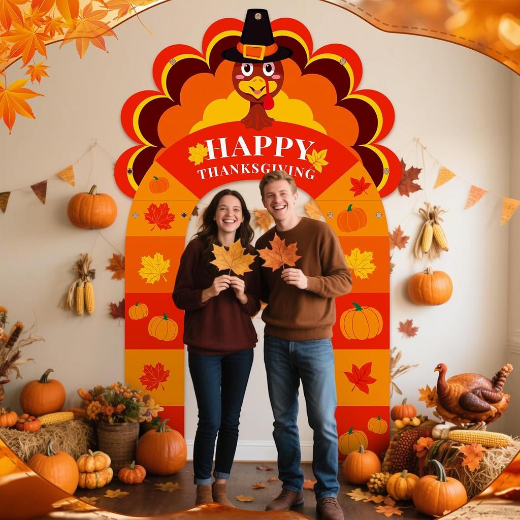 Thanksgiving Turkey Party Porch Banner Fall Pumpkin Maple Leaf Turkey Door Banner Arch Thanksgiving Decorations Archway Porch Sign Photo Backdrop