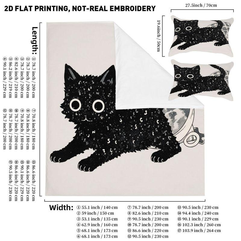 3-Piece Set Bedding Pillowcase Quilt Cover Set Black Hair White Face Cat 2D Digital Printing For Bedroom Dormitory Decoration