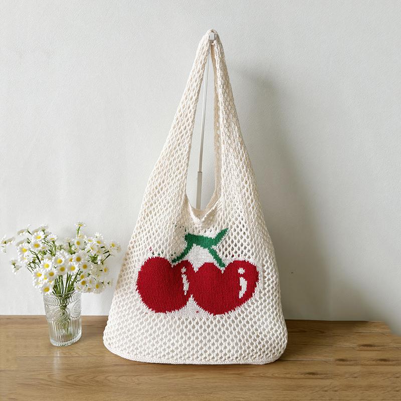 

Yogodlns New Summer Hollow Out Shoulder Bag Cherry Desing Knit Bag Hand Woven Fashionable Beach Simple Shopper Totes one size бежевый