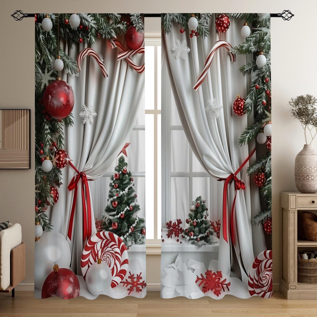 2pcs Festive Christmas & Green Pine Print Curtains,Rod Pocket Design for Easy Hanging, Perfect for Living Room, Office,Bedroom