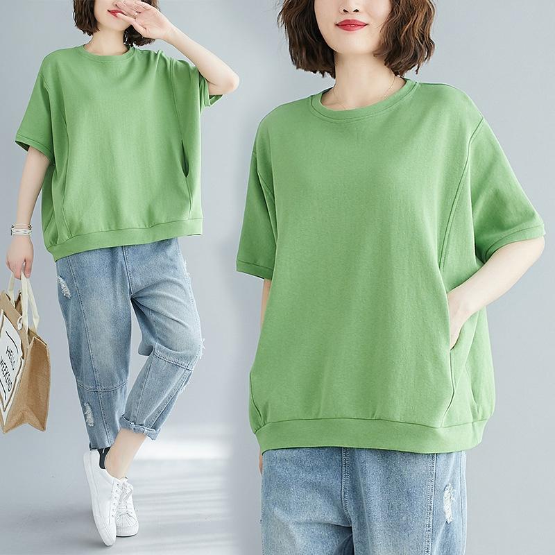Spring and Summer Plus Size Women's Loose Solid Color Round Neck Short Sleeve T-Shirt Loose Solid Color All-match Half-sleeved Top