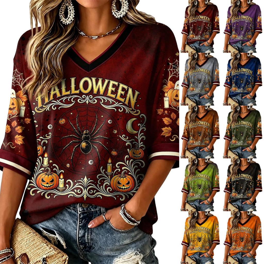 Women's Halloween Print V-Neck T-Shirt, Short Sleeve Casual Pullover Top for Everyday Wear