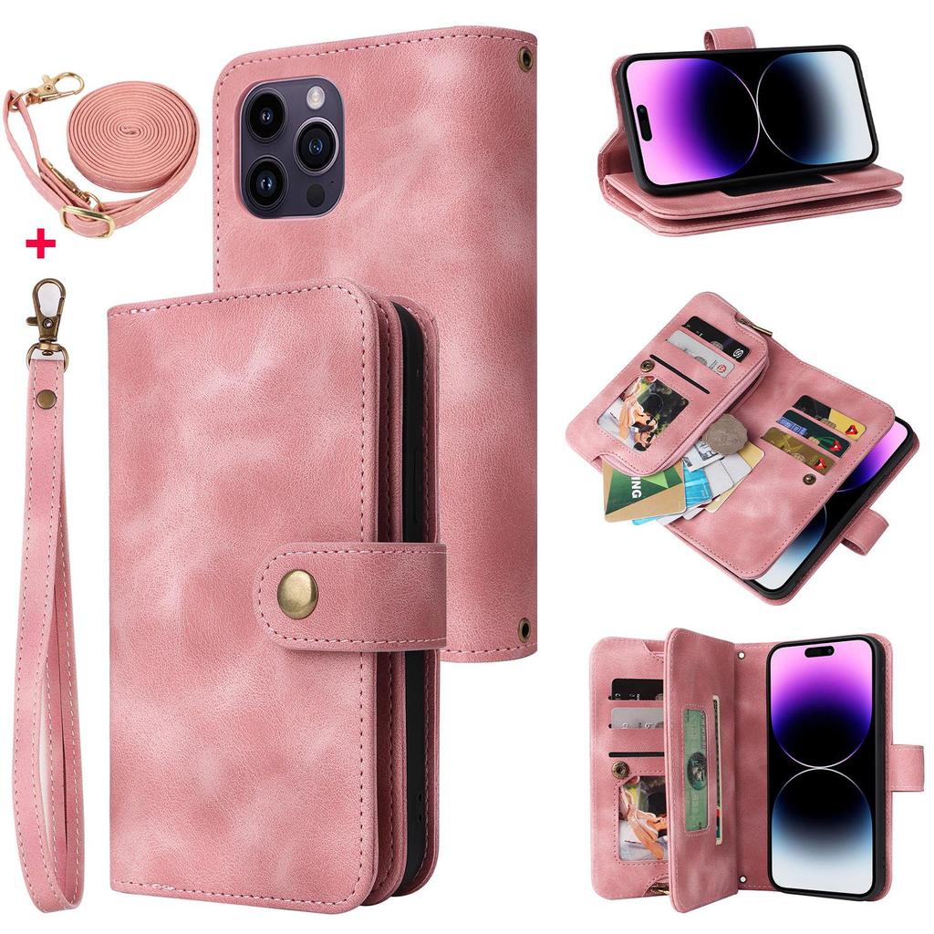 Wallet Leather Zipper Purse Multi Card Slots Crossbody Lanyard Bag Case for iPhone 15 14 Plus 12 13 11 Pro Max for Samsung S23 S22 S21 S20 Ultra Plus
