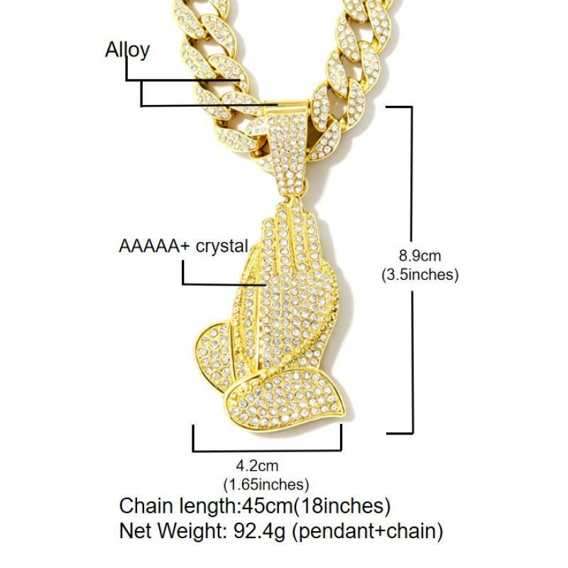 Hip Hop Alloy Full Rhinestone Prayer Hand Pendant Cuban Chain Necklace Men Women Trendy Streetwear Jewelry
