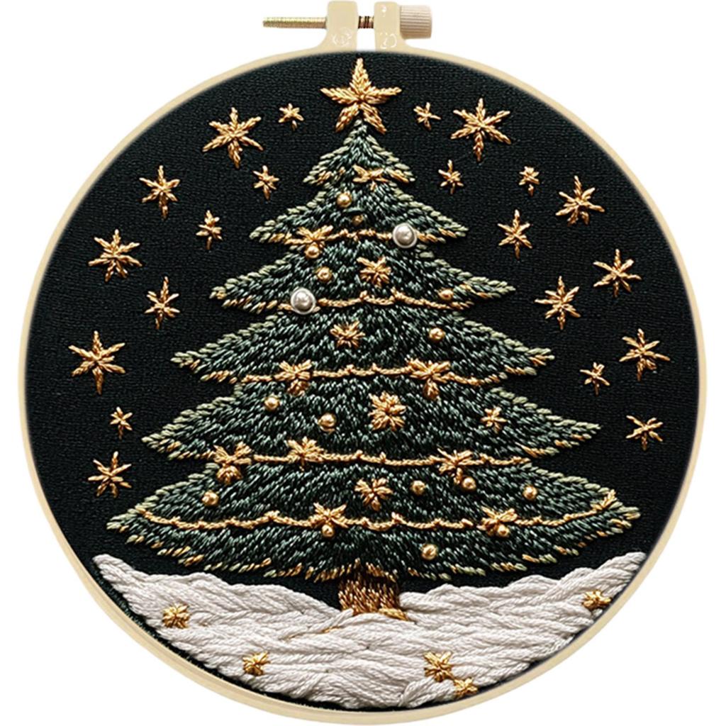 Christmas Tree Stamped Cross Stitch Embroidery Kits with Hoop Cloth Color Thread