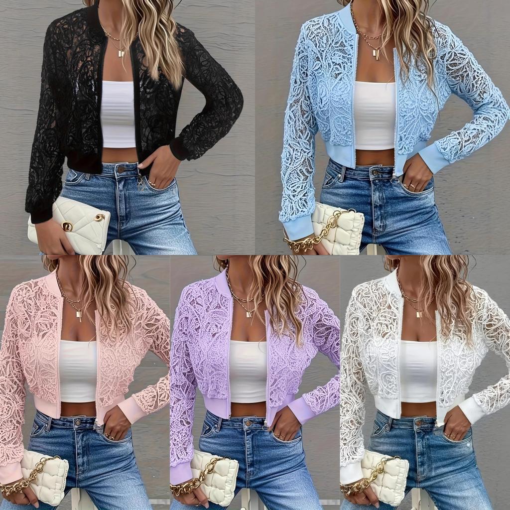 Spring Elegant Women's Lace Bend, Zipper Short Jacket Top Coat