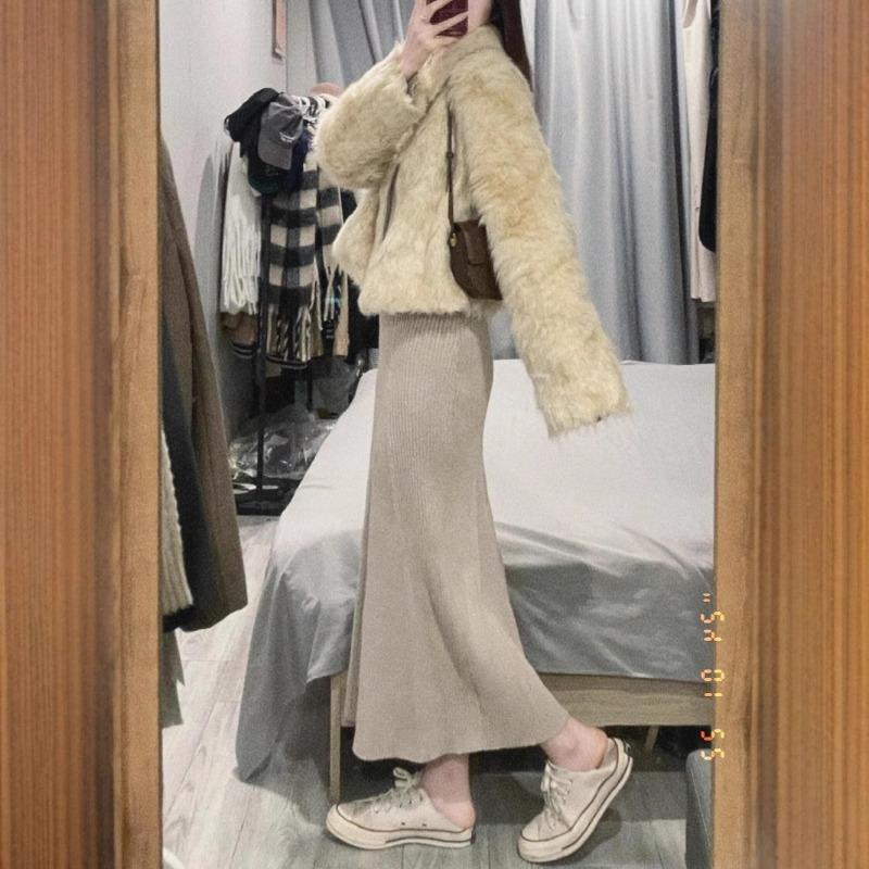 Square Collar Knitted Dress Women's Autumn and Winter High-end Temperament Imperial Sister Fan Slim-fitting Inside with Fishtail Skirt Sweater Skirt