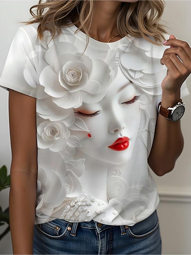 Vintage African Woman 3D Print T-Shirt for Women Retro Art Graphic Tee Casual Crew Neck Short Sleeve Summer Top Plus Size Tees