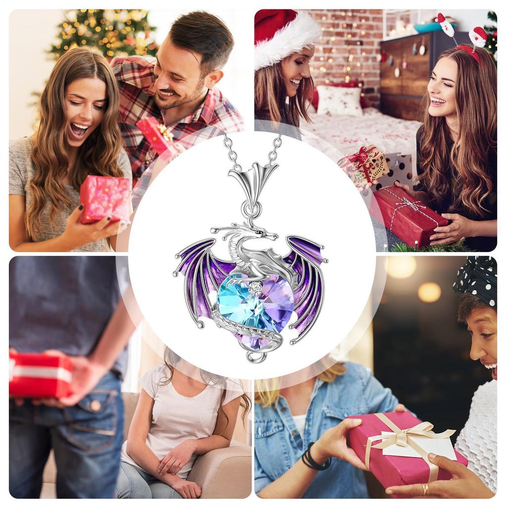 Love Birthstone Dragon Necklace Heart-Shaped Colorful Pendant Necklace Cool Crystal Dragon Necklace Jewelry Gift