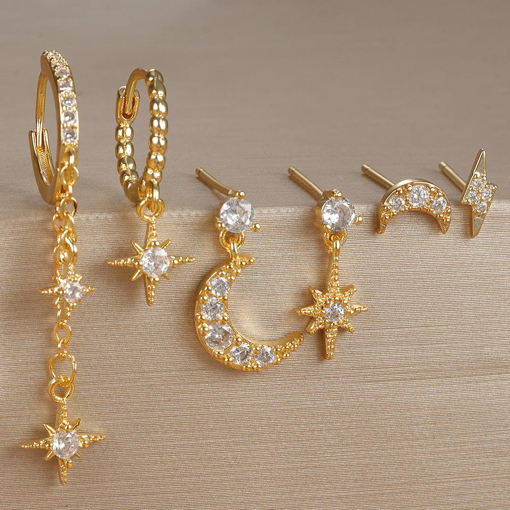 6PCS New Design Stainless Steel Cubic Zirconia Chain Hoop Earring For Women Star Moon Pendant Punk Cartilage Piercing Jewelry