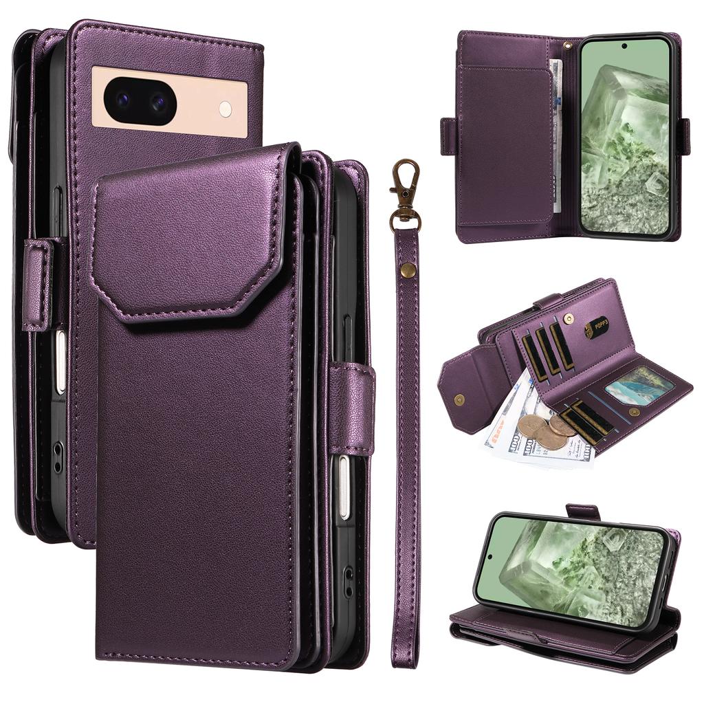 For Google Pixel 8a Case with Multi-Card Holder and Strap PU Leather Phone Cover Stand