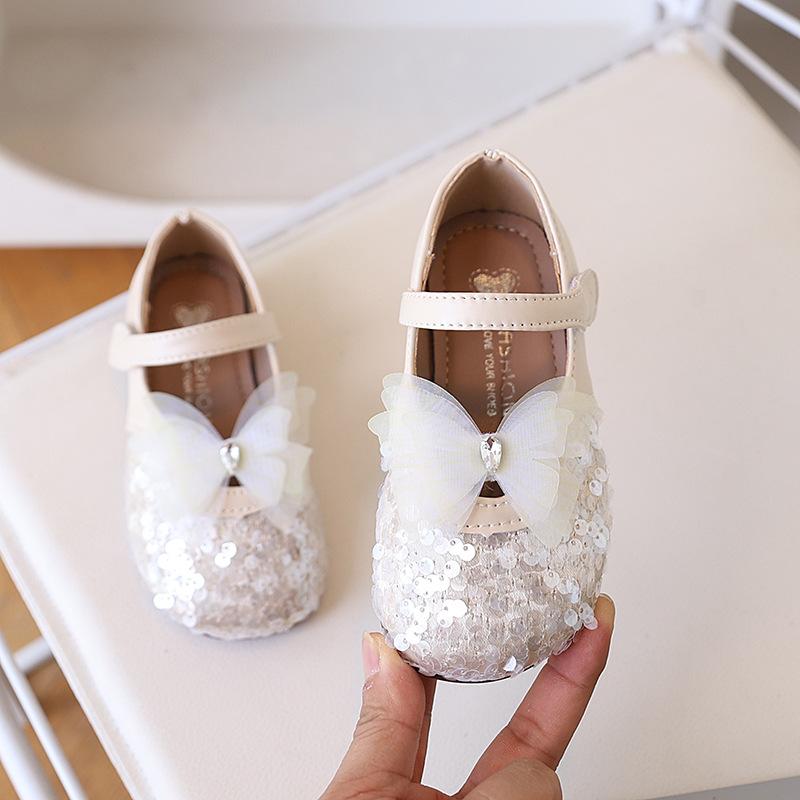 Kids Sequin Mesh Bow Decor Mary Jane Flat Shoes 23 бежевый