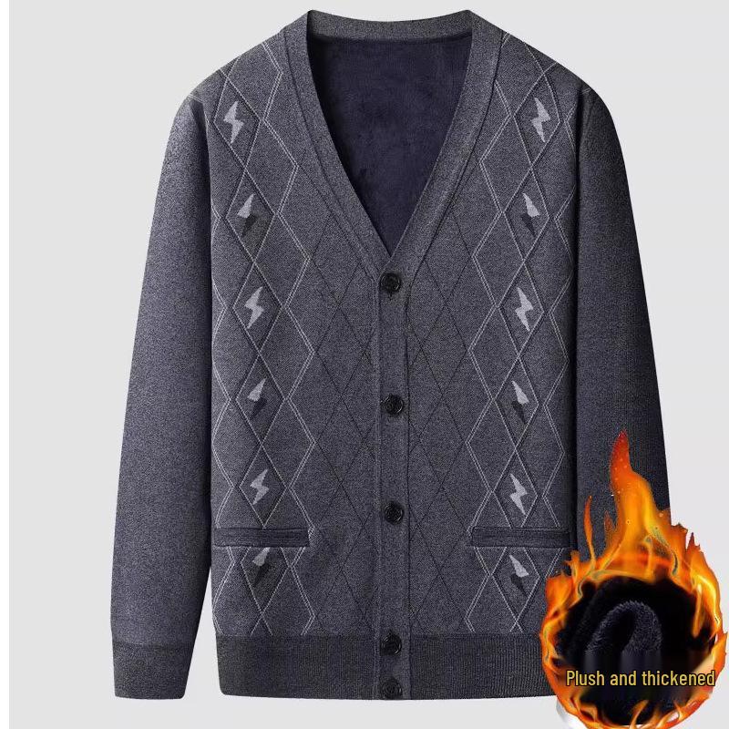 

Men s Warm Plus Velvet Knit Cardigan for Middle-Aged and Elderly - Grandpa V-Neck Sweater XL темно-сірий