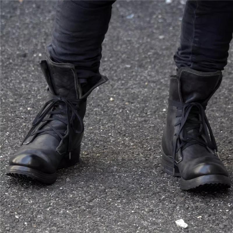 Męskie Vintage Czarne Botki z Miękkiej Skóry Okrągły Nosek Sznurowane Motocyklowe Botki Kowbojskie Nowa Moda Buty High Top