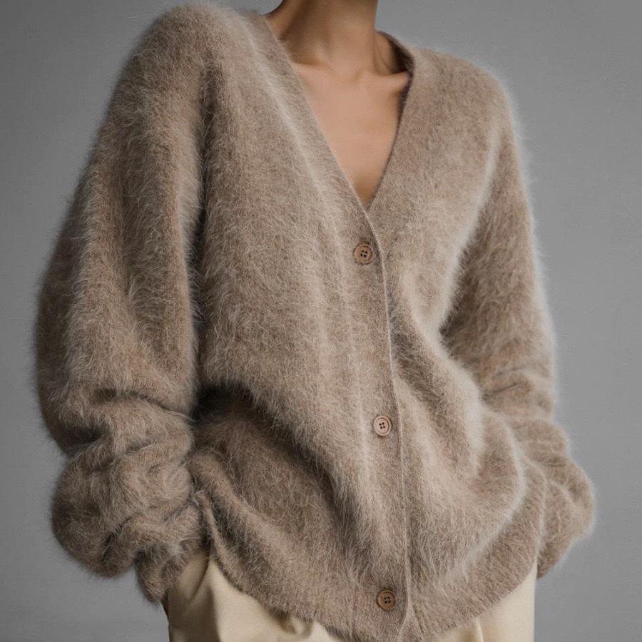 Imitation mink knitted sweater cardigan Europe and America 2024 autumn and winter lazy loose long-sleeved V-neck sweater jacket women