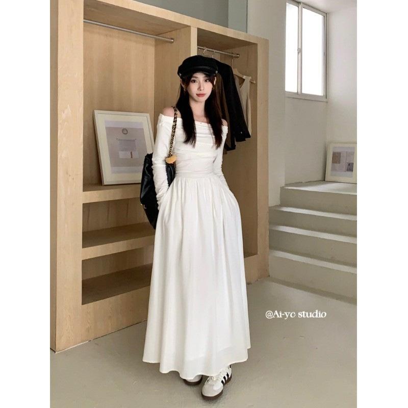 Temperament one-word collar long-sleeved dress for women's autumn new off-the-shoulder waist and thin A-word long dress