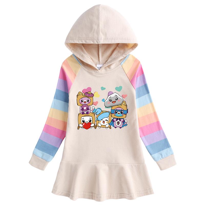 2026 Spring/Autumn Girls' Ruffle Rainbow Cartoon Hooded Long Sleeve Sweatshirt Dress