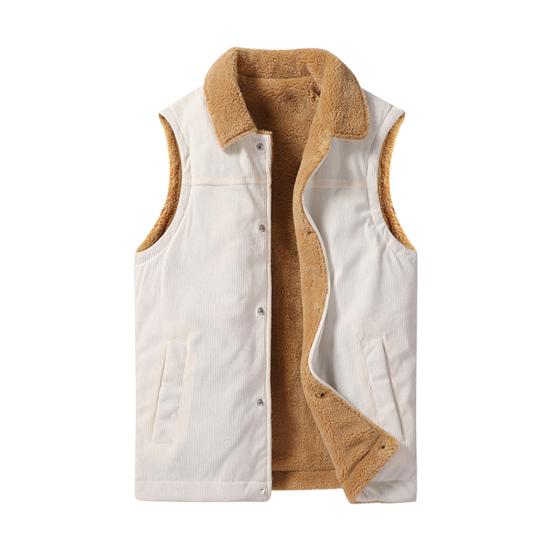 Men Winter Waistcoat Velvet Lining Corduroy Vest Coat Lapel Sleeveless Single-Breasted Thickened Vest with Pockets