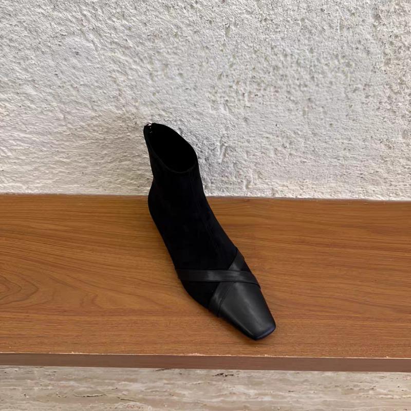 Fashion Low Heel Booties Autumn New Square Toe Spliced Flannelette Rear Zipper Soft Sole Anti-Slip Wear-Resistant Single Boots