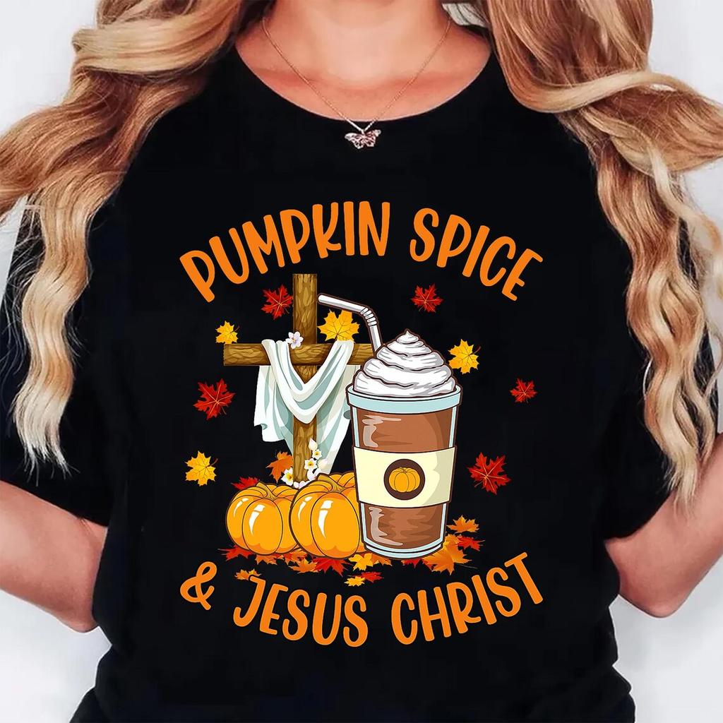 Pumpkin Spice and Jesus Christ T Shirts Streetwear Short Sleeve Graphic Unisex Women Stylish Harajuku Unisex Tops