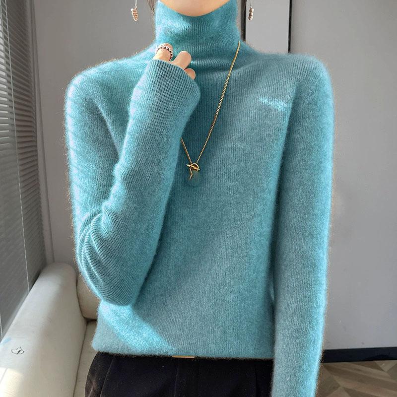 Womens Turtleneck Knitted Sweater Long Sleeved Slim Fit Elastic Ribbed Jumper Female Autumn Winter Basic Sweaters and Pullover