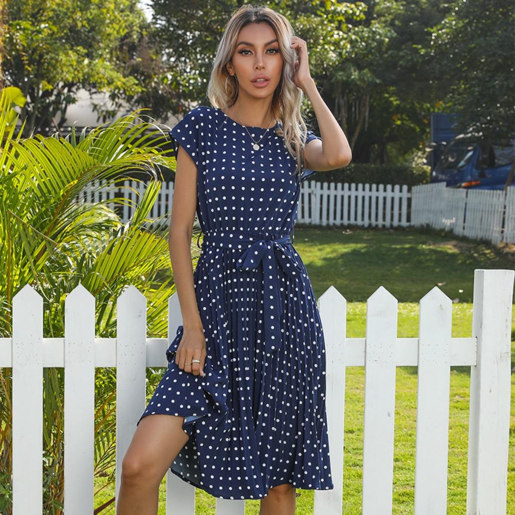 Summer Retro Elegant Polka Dot Ruched Short Sleeve Dress for Women, European American Style, Hot Selling Casual Dress