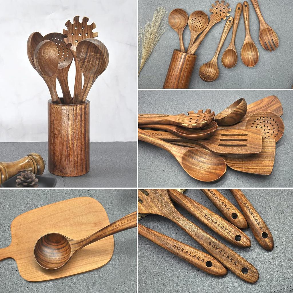Wooden Spoons for Cooking,10 Pcs Natural Teak Wooden Kitchen Utensils Set Wooden Utensils for Cooking Wooden Cooking Utensils Wooden Spatulas for