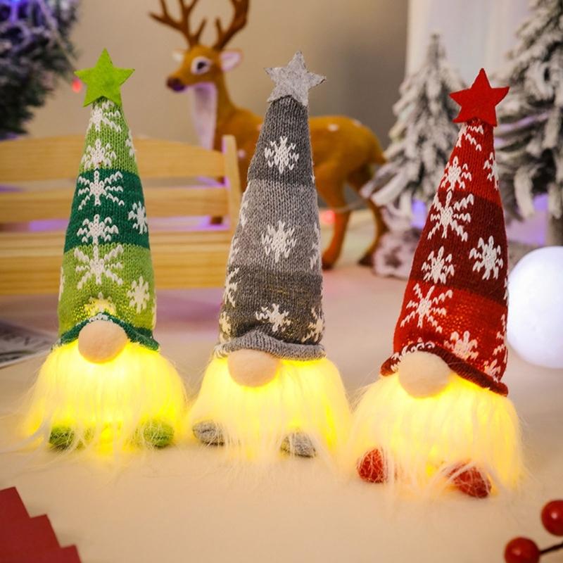 Festival Gnomes Santa Figurine with Soft Knitted Hat Long/Short Leg Warm LED Light Holiday Decoration for Christmas