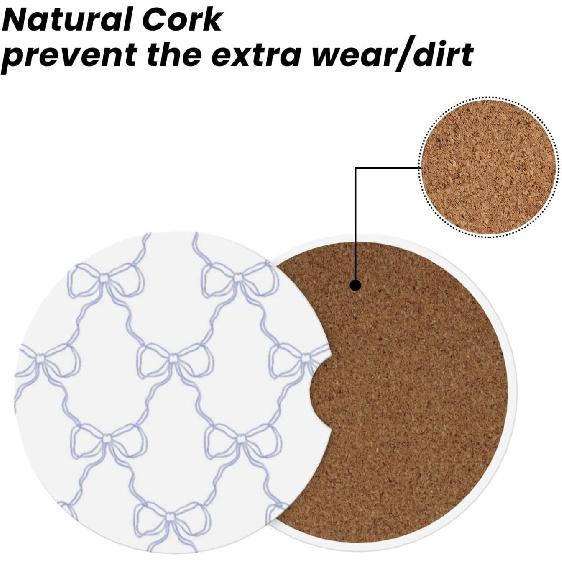 Blue Bow Car Cup Coaster 2 Pack Ceramic Absorbent Car Coasters 2.56 Inch Non-Slip Car Cup Holder Interior Car Accessories For Women Girls Cup Mats