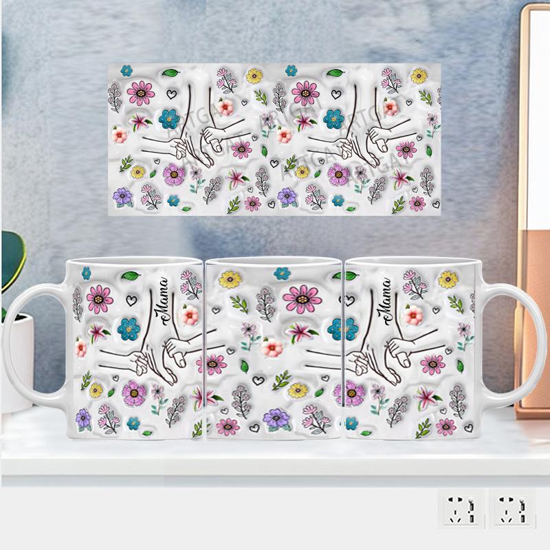 Personalize Name Mug Customize 3D Effect Printing Flowers Cup Holding Hands Coffee Mugs For Children and Mother's Day Gifts