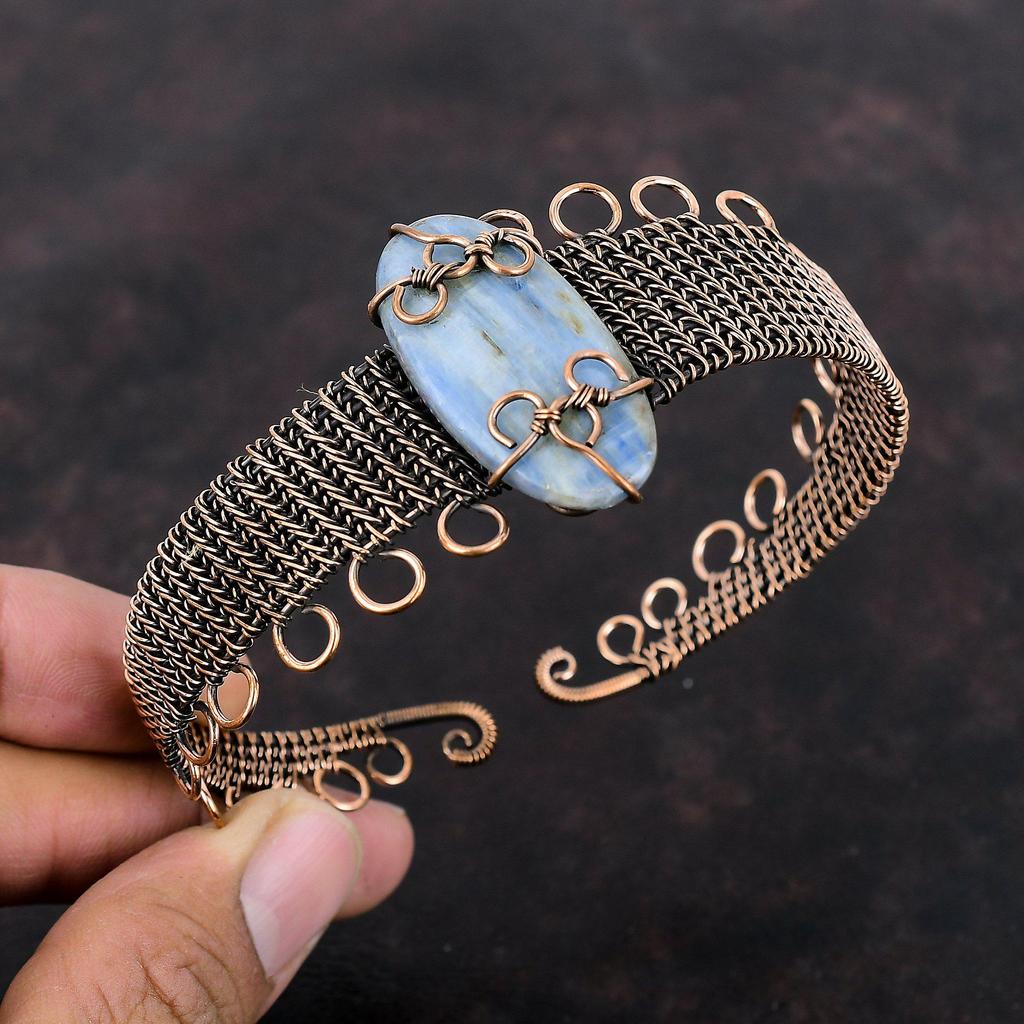 Kyanite Cuff Bracelet Copper Wire Wrapped Bangle Adjustable Cuff Bracelet Gemstone Jewelry Handmade Bangle Copper Wire Jewelry Gift For Wife