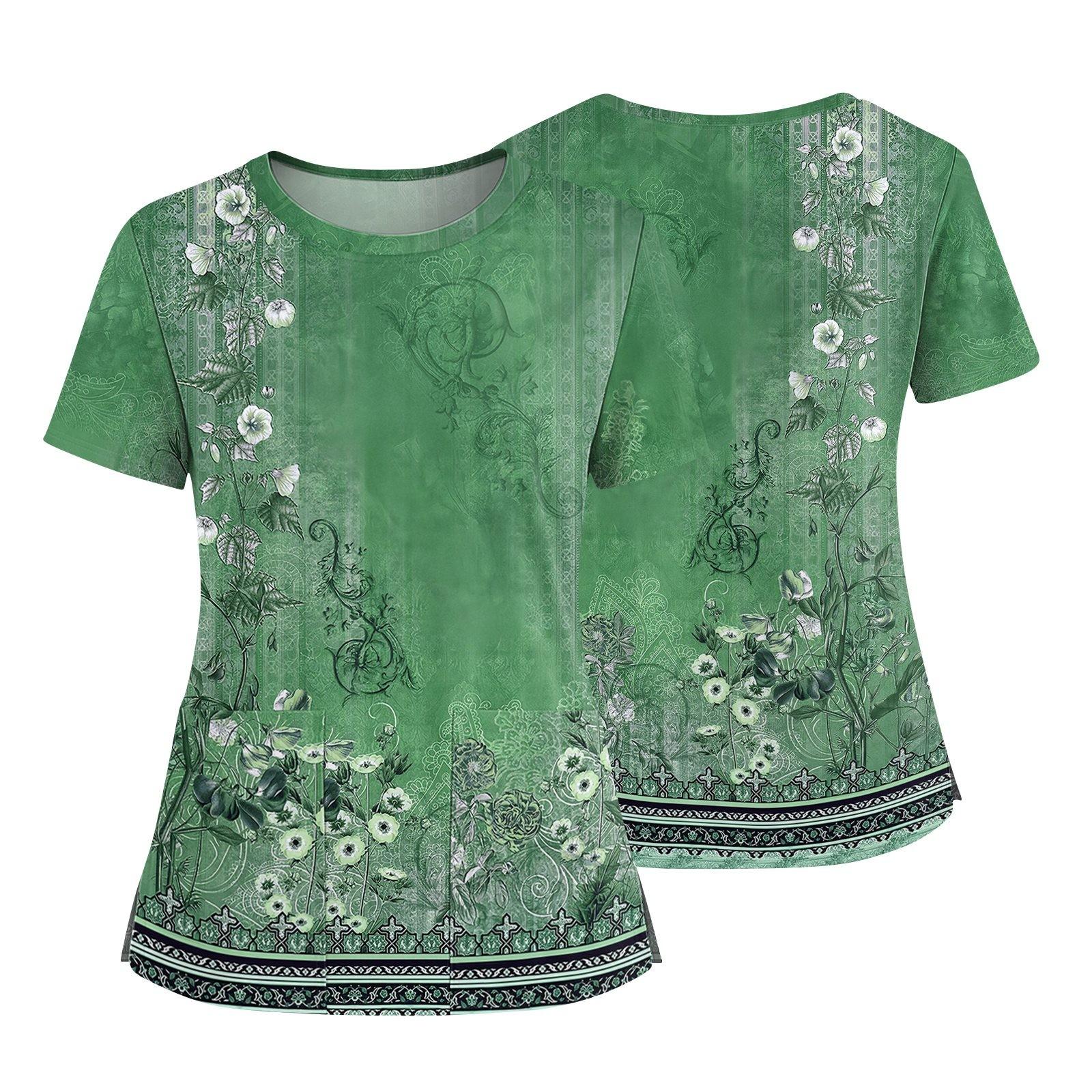 

Женская модная футболка с принтом, круглым вырезом, карманом, короткими рукавами и разрезом по низу, униформа и рабочая блузка S зелёный