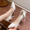 Fashion Elegant Satin Bowknot High Heels Pumps for Women Sexy Pointed Toe Stiletto Heeled Red Bridal Wedding Shoes Woman White Pumps