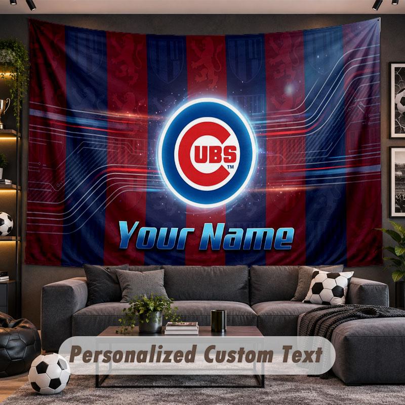 Wall Hanging Tapestry Custom NameChicago Cubs Pattern Personalized Printed Fabric Wall Decor