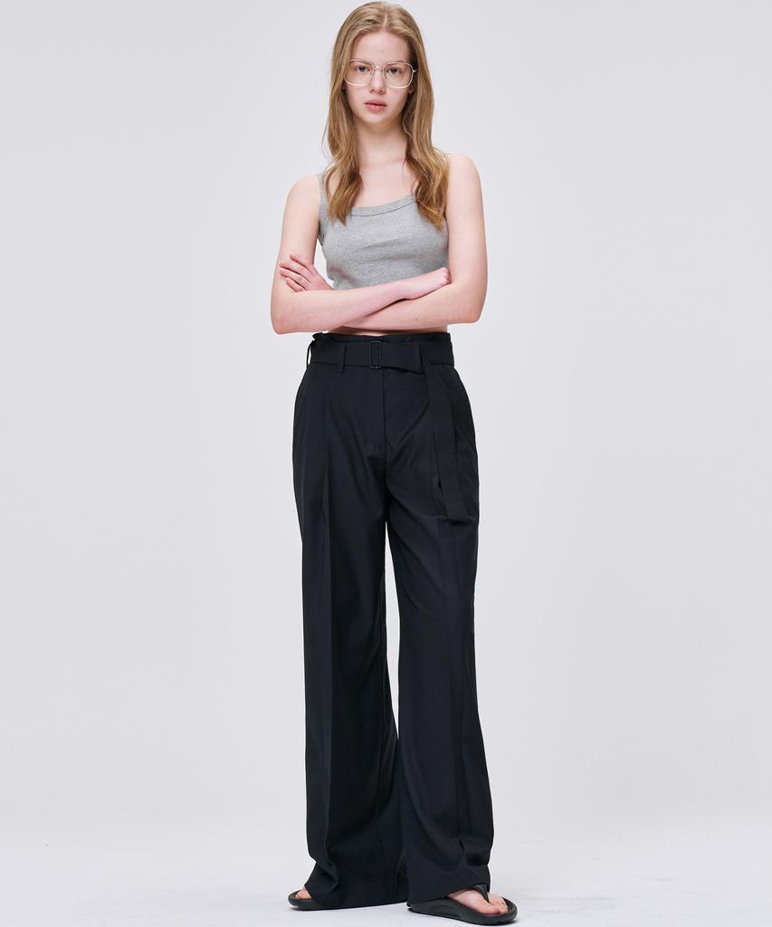 MALOUPE 2155 Single-Pleat Belted Wide Pants (Navy)
