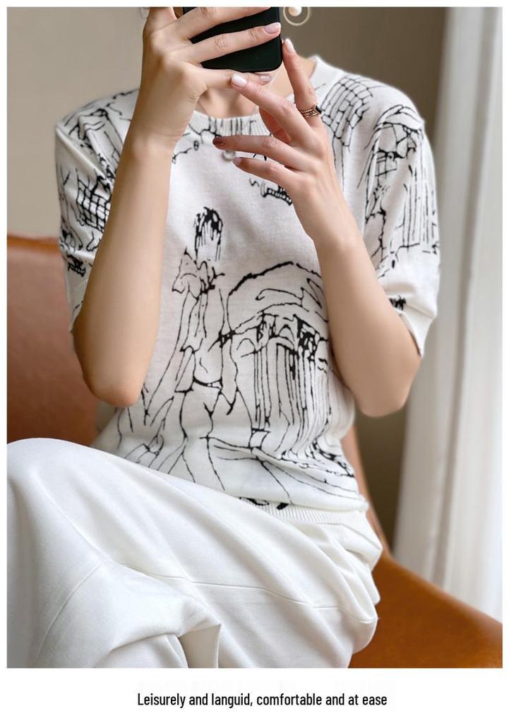 Women's Autumn/Winter Graffiti Wool Sweater: Round Neck, Short Sleeve, Casual Knit Pullover