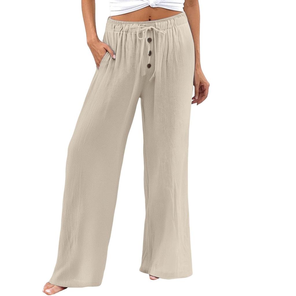 Womens Pants Wide Leg High Waisted Palazzo Pants Summer Flowy Beach Casual Trousers with Pockets