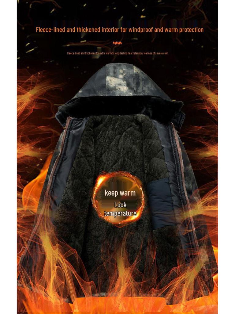Windproof Camouflage Fleece-Lined Military Overcoat: Cold-Resistant, Waterproof, Mid-Length, Cotton-Padded Jacket for Cold Storage Labor Protection