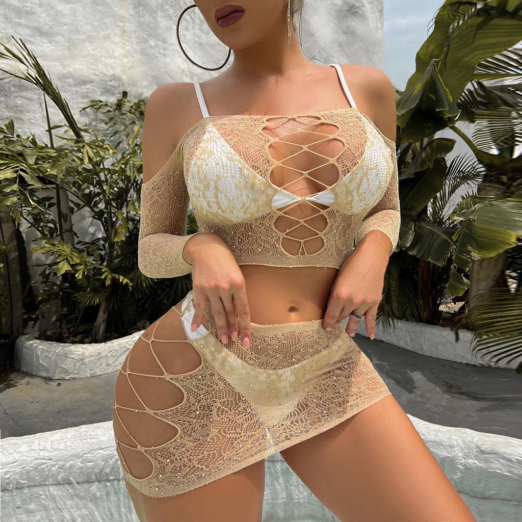 European & American Fashion Women's Sexy Hollow-Out Two-Piece Bodycon Mesh Dress with Hot Drill Hip-Wrap Skirt