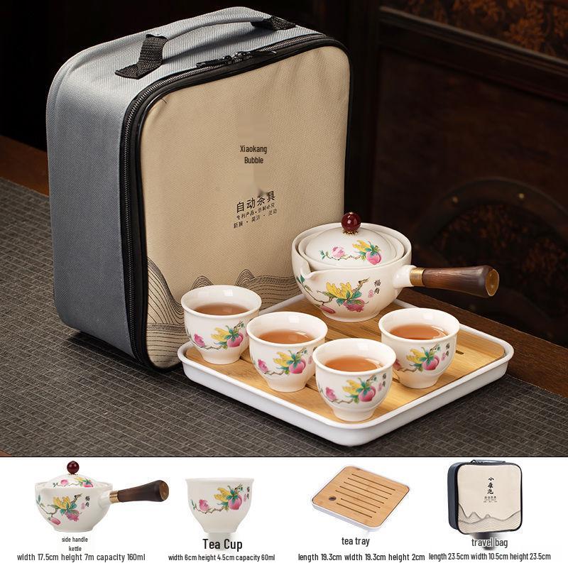 Portable Ceramic Kung Fu Tea Set with Bag – Includes One Pot, Four Cups, and Side Handle for Outdoor or Car Use