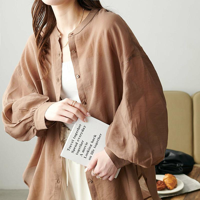 Day single spring and summer commute leisure vacation style loose and thin large size perspective long-sleeved shirt solid color shirt women