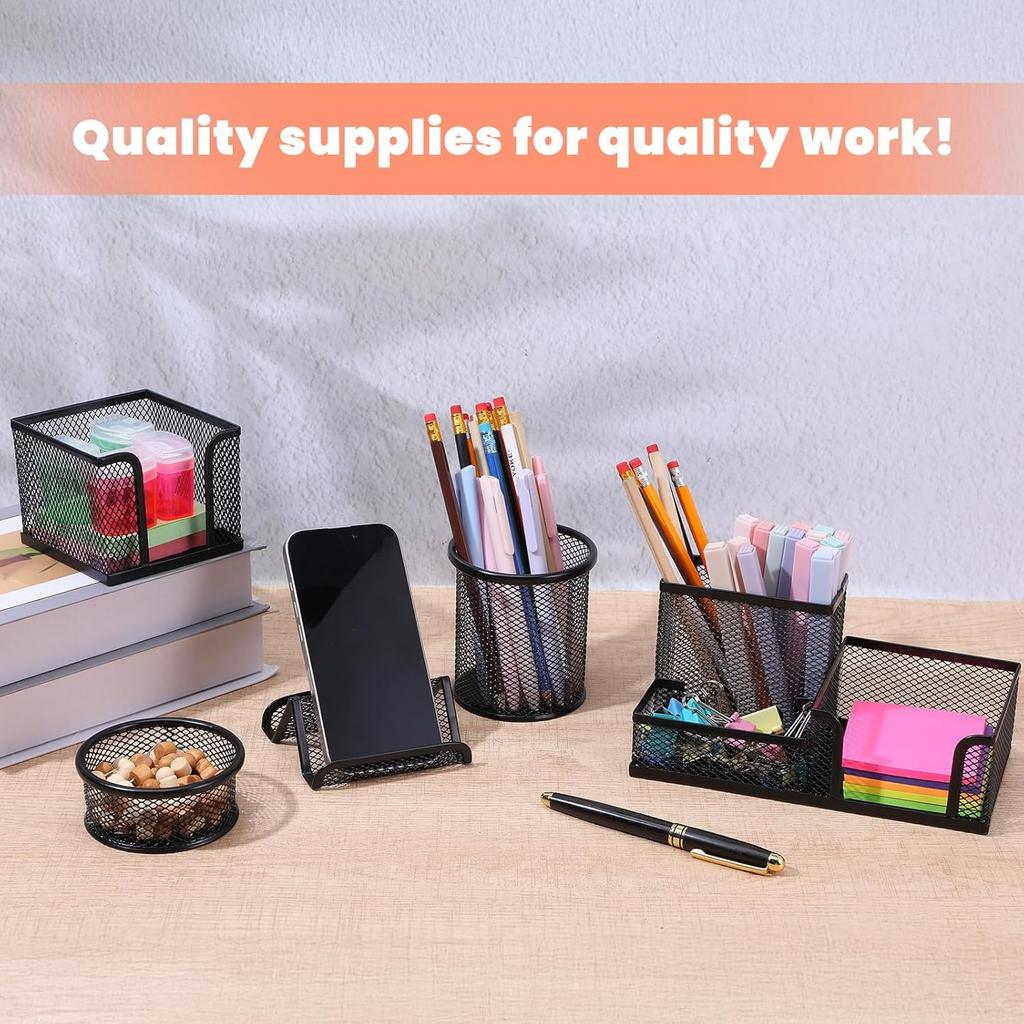 Black Mesh Pen Holder for Desk Pencil Holders 5 Pieces Desk Organizer Office Supplies Caddy with Sticky Notes Holder for Office Home