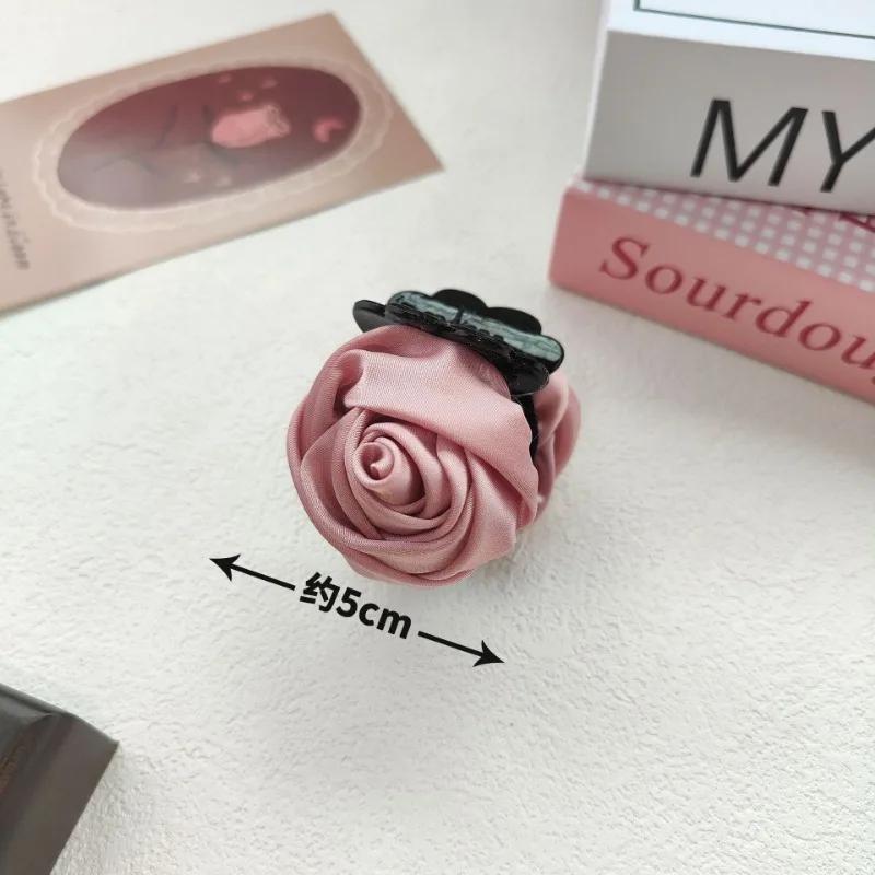 French Big Rose Flower Hair Claw Clips for Women Girls Vintage Satin Solid Fabric Handmade Shark Hairgrip Accessories New