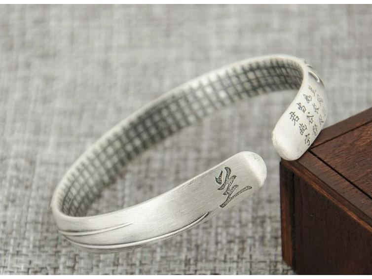 S999 Sterling Silver Retro Matte Plum Blossom Lotus Ginkgo Leaf Openable Women's Bracelet Bangle