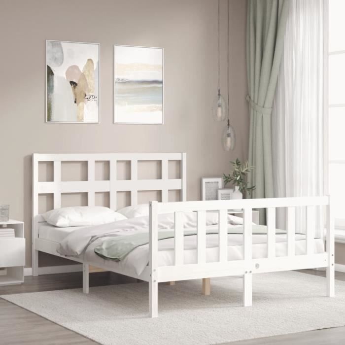 VidaXL Bed Frame with Headboard White 140x200 Cm Solid Wood 3193012