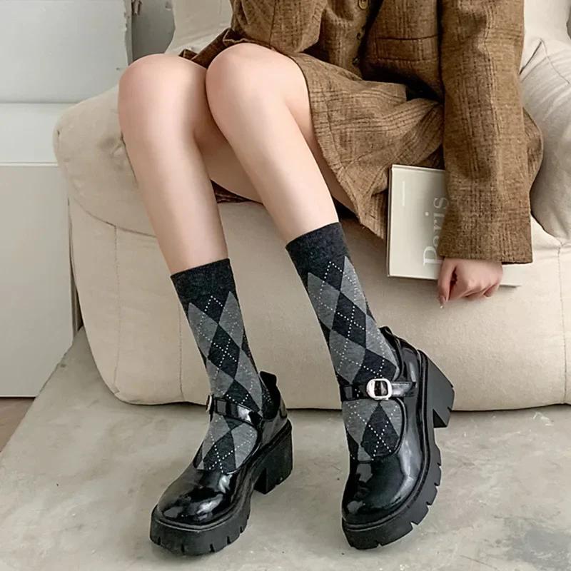 Diamond Grid Lolita Socks Women's Middle Tube Socks Polyester Cotton Socks Japanese Students Women Socks Girls Cute JK Socks