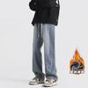 Mens Fleece Lined Straight Leg Jeans Loose Wide Denim Pants Winter Plus Size Fashion