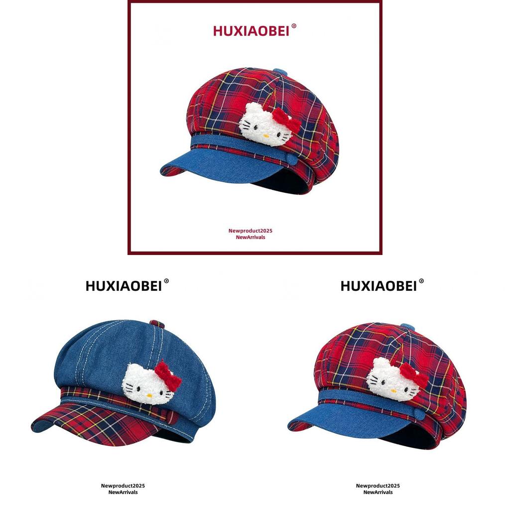 Hello Kitty Kt Cat Karriertes Cloche-Hut Mit Stickerei Für Sommerliche Freizeitkleidung