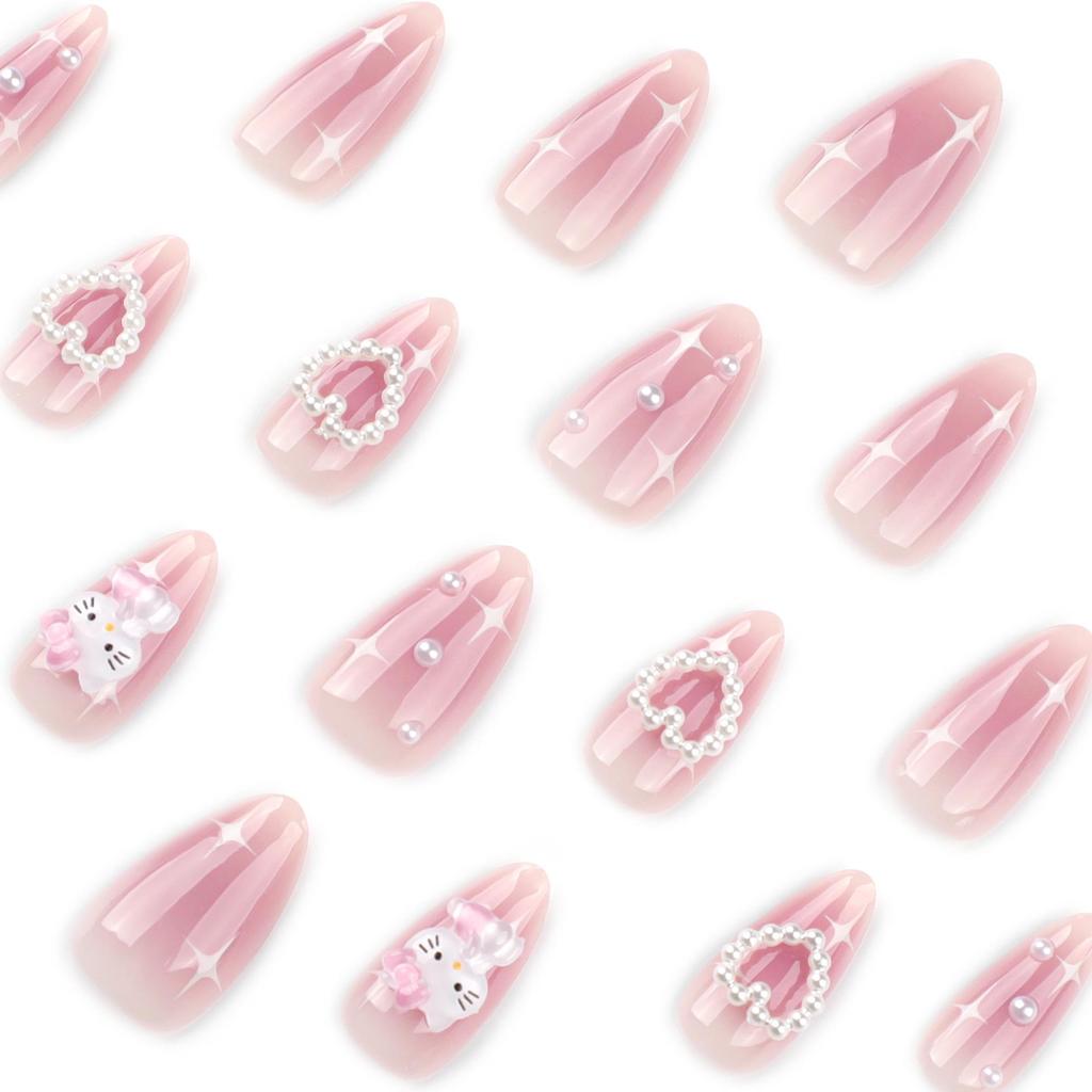 Japanese Style Sweet Wearable Nail Art - Blush Bow Heart Design False Nails